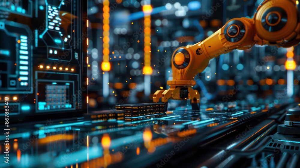 Aufkleber A robot is working on a computer screen with a city background. The robot is orange and he is a machine