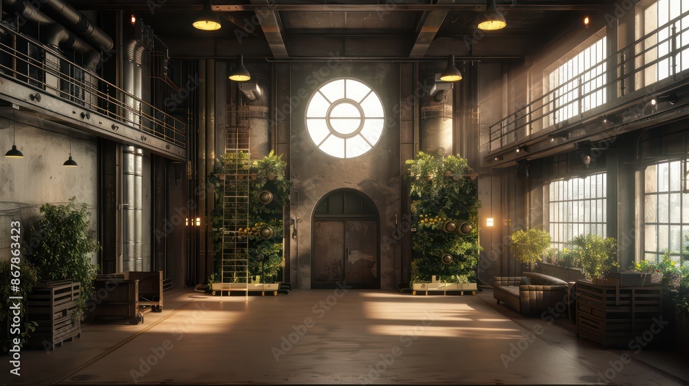 Poster A large room with a window and a clock. The room is empty and has a very industrial feel