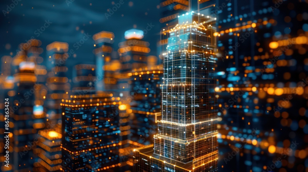 Poster a cityscape with a tall building lit up in neon colors. the city is bustling with activity and the l