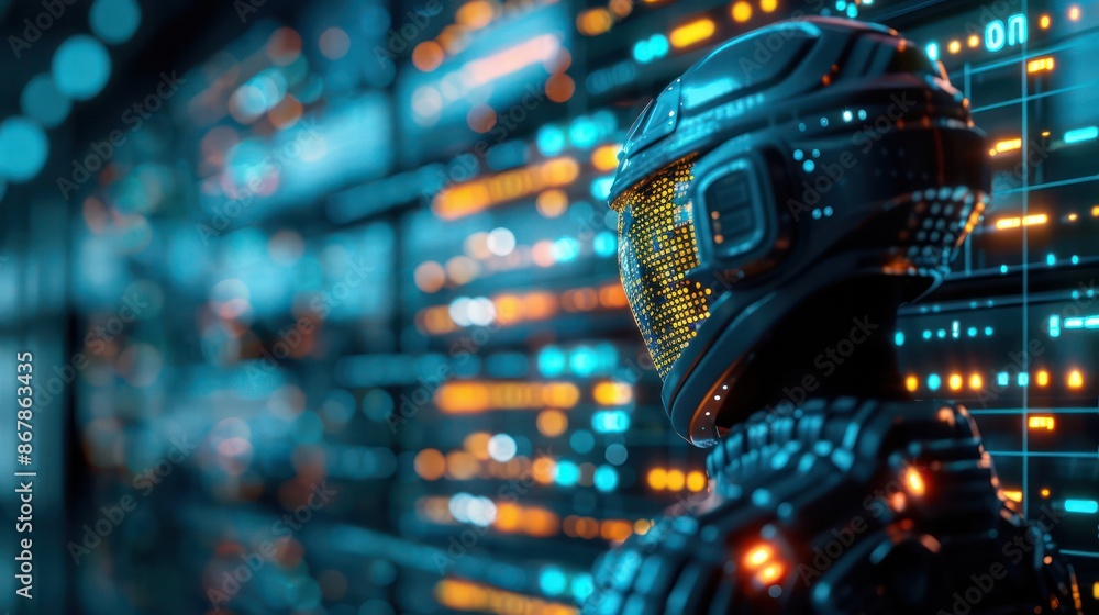 Poster A man in a futuristic suit is looking at a computer screen with a lot of numbers and symbols. Concept of technology and innovation, as well as the idea of being in a futuristic environment
