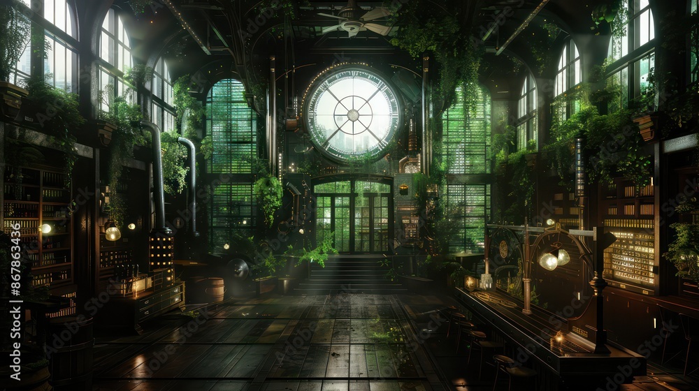 Poster a large room with a clock in the center and a lot of greenery. the room is dark and has a mysterious