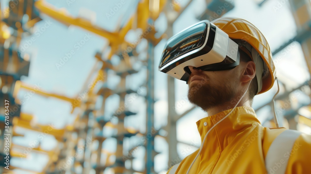 Poster a man wearing a yellow jacket and a hard hat is wearing a virtual reality headset. he is looking at 