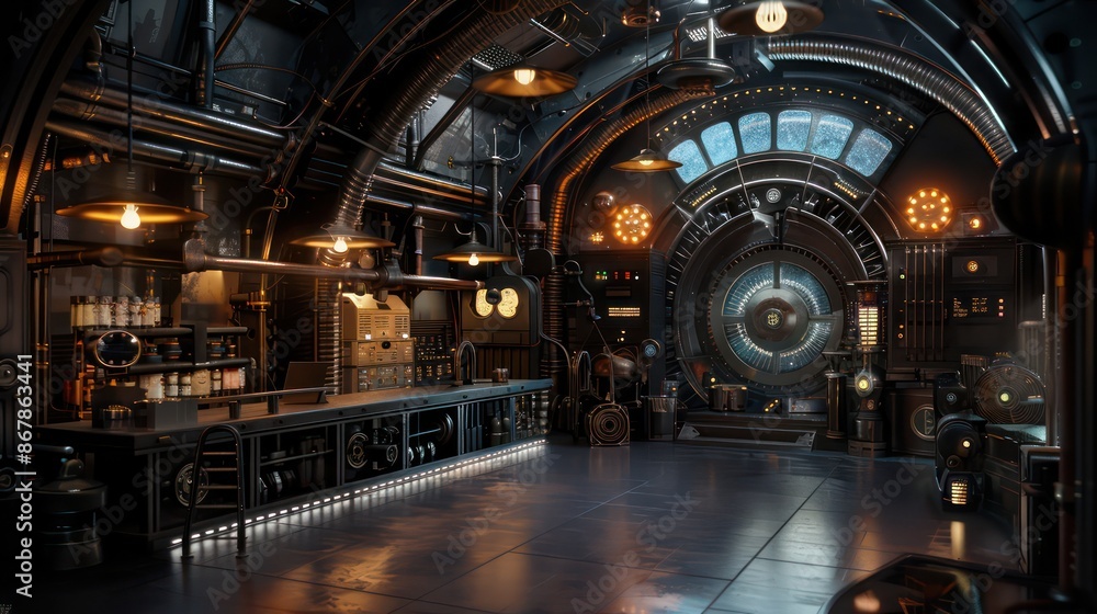 Poster a large room with a clock on the wall and a lot of lights. the room is very dark and has a futuristi