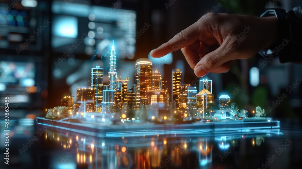 Poster a hand pointing at a cityscape with a glowing skyline. concept of wonder and excitement about the ci