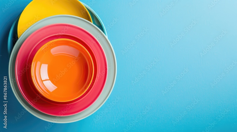 Aufkleber bright colored empty plates on blue background from above with space for text
