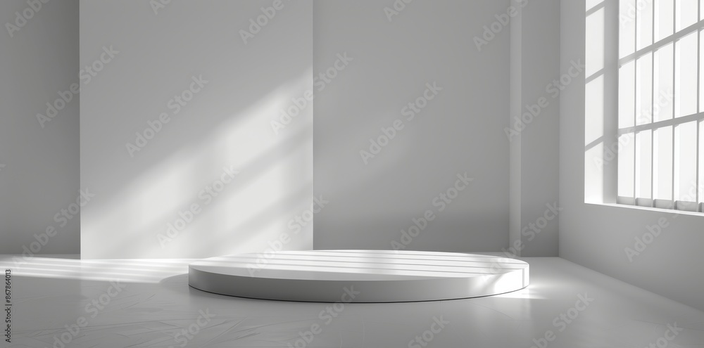 Poster sunlit white room with minimalist design, an empty podium casts shadow patterns for an artistic and 