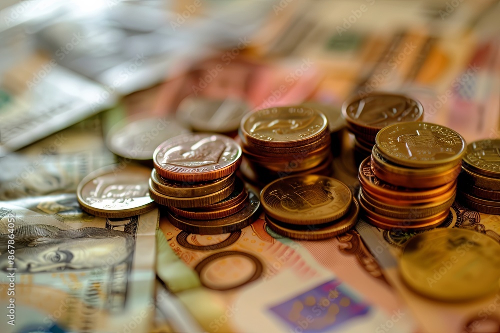 Poster close-up of stacks of copper coins on a table with us dollar and foreign banknotes scattered around 
