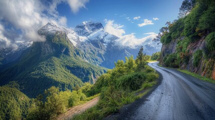 Dirt road winding through green mountains and forests with snow-capped peaks in the background under a blue sky with clouds.
