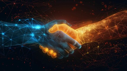 Digital handshake composed of blue and orange particles on a dark background.
