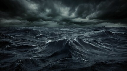 Dark stormy ocean waves under ominous cloudy sky.