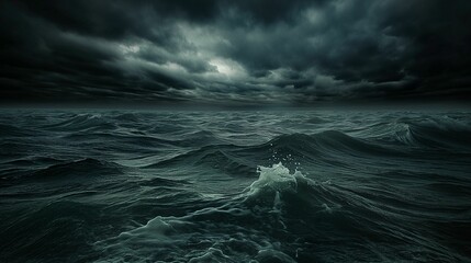 Dark stormy ocean waves under ominous cloudy sky.
