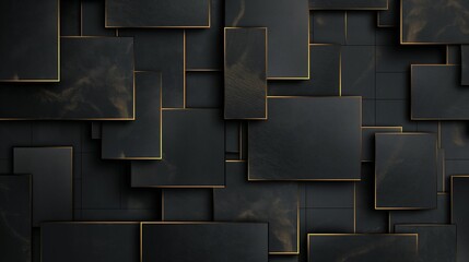 Abstract geometric background with overlapping black rectangles and gold edges.