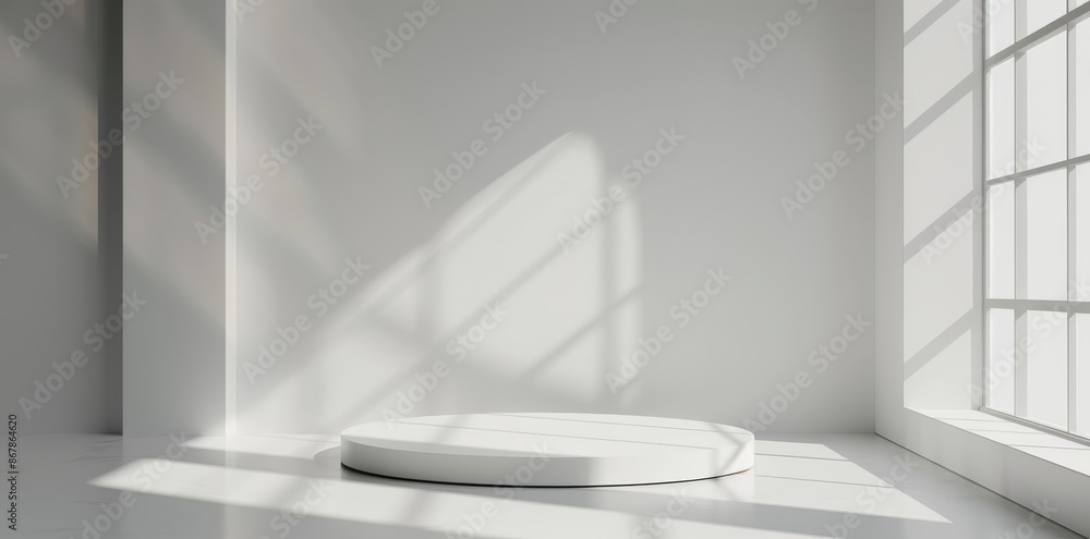 Poster sunlit white room with minimalist design, an empty podium casts shadow patterns for an artistic and 