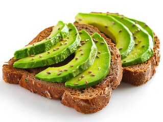 Fresh avocado slices arranged on whole grain toast, highlighting creamy texture and nutritional benefits.