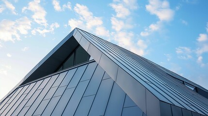 Modern building with metal roofing and large windows against the sky.