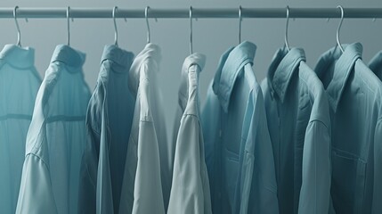 Row of blue and white shirts hanging on a clothing rack against a light blue background.