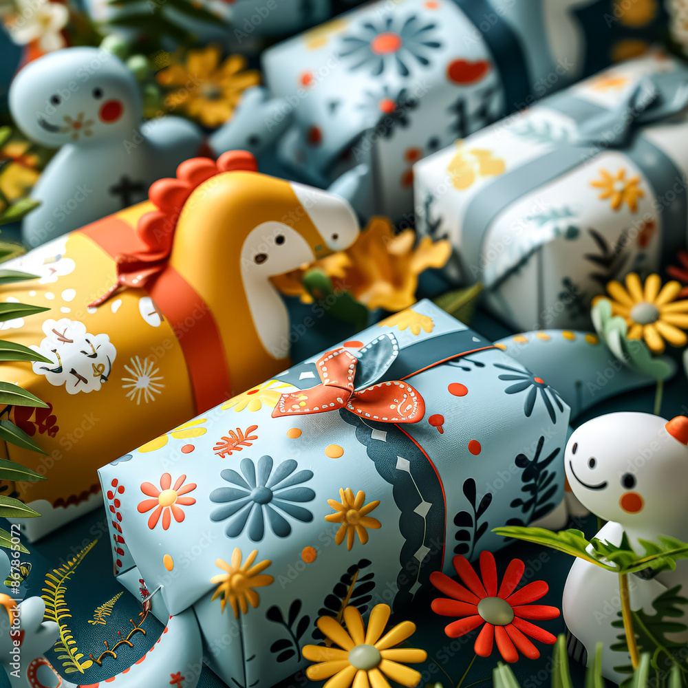 Poster a stack of colorful wrapping paper with a variety of patterns and designs.