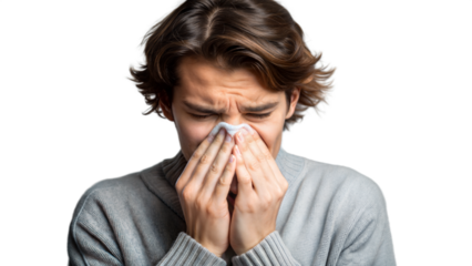 Person experiencing allergies possibly sneezing into tissue on transparent background