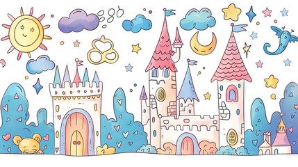 Fototapeta premium The image is a colorful and whimsical illustration of a fairytale castle
