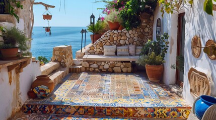 The image shows a beautiful Mediterranean-style street with a colorful mosaic floor, stone walls, and lush greenery.