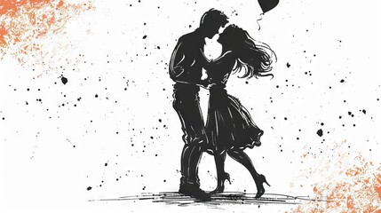 The image shows a man and a woman dancing. The background is white with orange splashes. The image is in black and white.