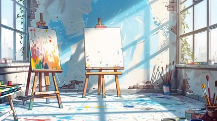 The image shows a messy art studio with paintbrushes, a palette, and two easels with blank canvases.