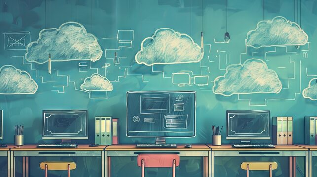 The image shows a modern office with computers and a chalkboard with drawings of clouds and networks. It represents the concept of cloud computing and data storage.