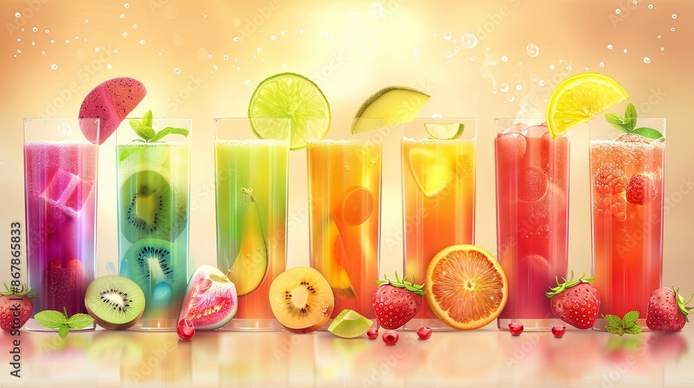 Poster seven tall glasses filled with colorful fruit juices, garnished with fresh fruit and mint. arranged 