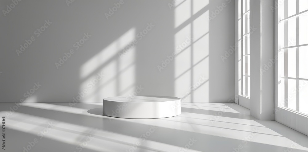 Poster sunlit white room with minimalist design, an empty podium casts shadow patterns for an artistic and 