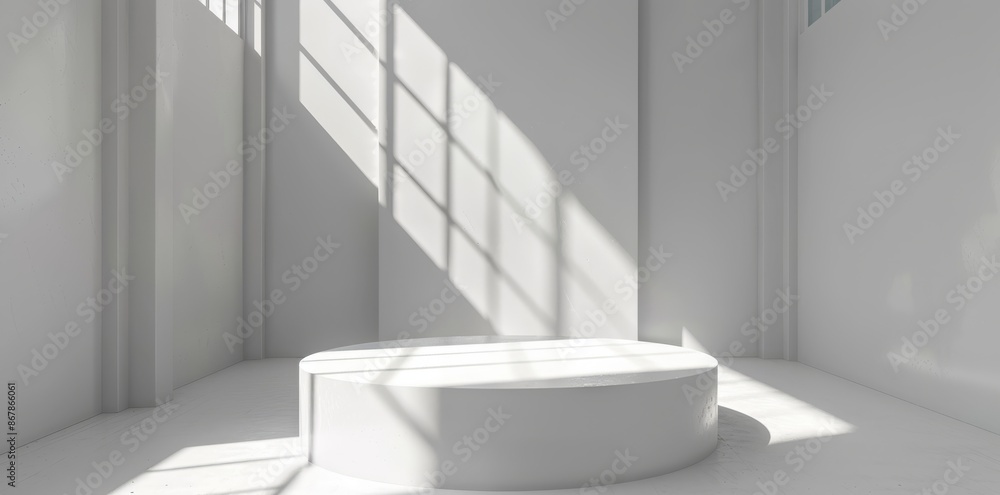 Poster sunlit white room with minimalist design, an empty podium casts shadow patterns for an artistic and 