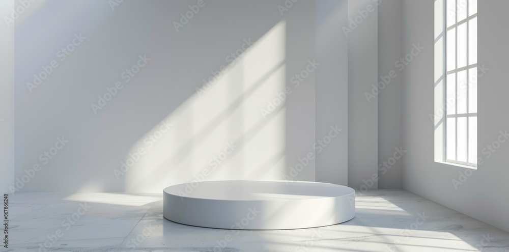Poster a serene minimalist white room with a circular platform and natural light filtering through large wi