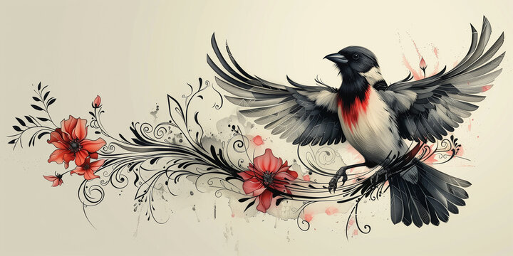 Tattoo design of an elegant bird with wings spread wide and floral elements