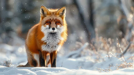 Fototapeta premium A red fox stands in the snow, looking at the camera. Concept of solitude and stillness, as the fox is the only living creature visible in the scene