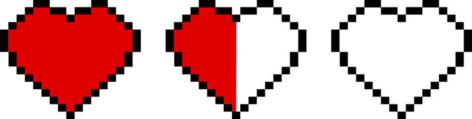 Set of vector pixel icons of hearts, lives. Red heart.  Vector illustration