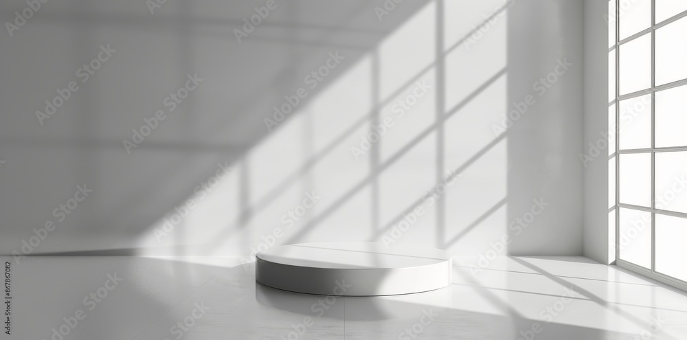 Poster minimalist modern interior with round platform, sunlight streaming through large windows creating sh