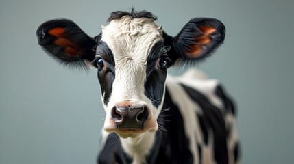 A cow with black and white fur and red ears is staring at the camera. The cow's eyes are open and it is curious or alert