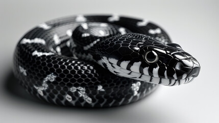 Obraz premium A black and white snake with a white stripe on its head. The snake is curled up and he is resting