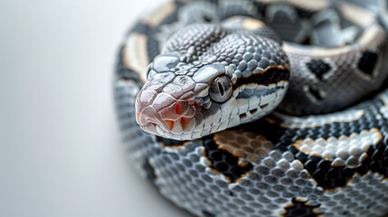 Obraz premium A black and white snake with a white stripe on its head. The snake is curled up and he is resting