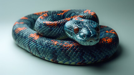 Fototapeta premium A blue and orange snake is curled up on a white surface. The snake is small and he is resting