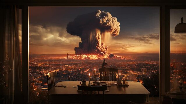 A nuclear explosion over the city, with a huge cloud of fire rising into the sky. Concept: apocalypse, disasters, nuclear war and emergency situations.