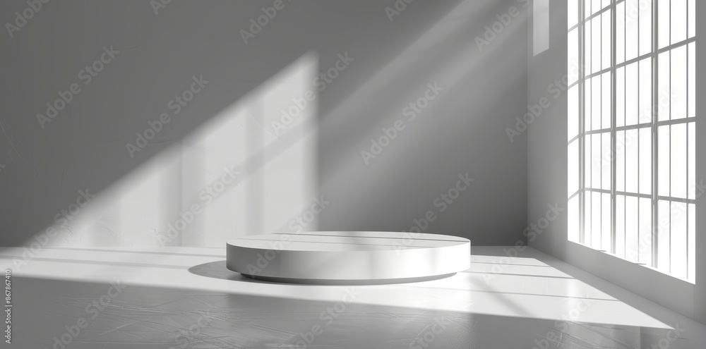 Poster sunlit white room with minimalist design, an empty podium casts shadow patterns for an artistic and 