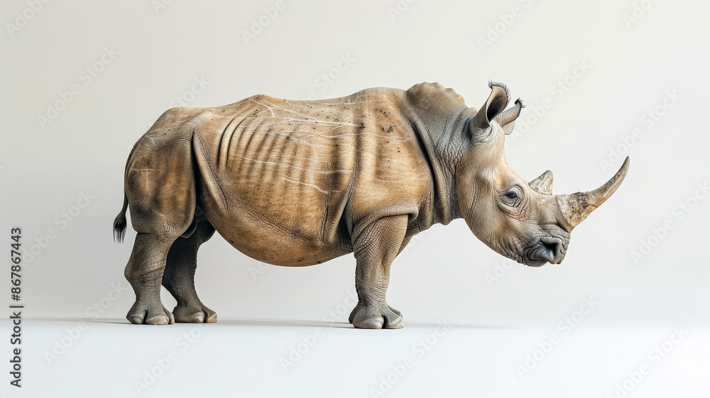 Poster a rhino is standing in front of a white background. the rhino is large and has a horn on its head. t