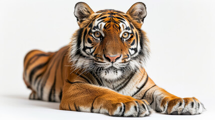 A tiger is laying down on a white background. The tiger is looking at the camera. The tiger is the main focus of the image