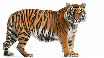 A tiger is laying down on a white background. The tiger is looking at the camera. The tiger is the main focus of the image