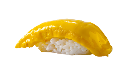  Ultra HD image of tamago sushi, bright yellow tamago topping glossy sushi rice, on a transparent background