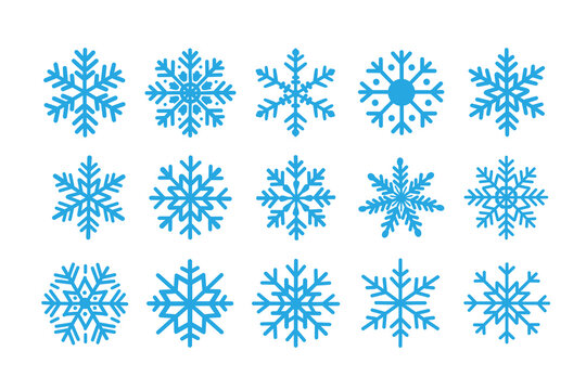 Different blue snowflake illustrations isolated