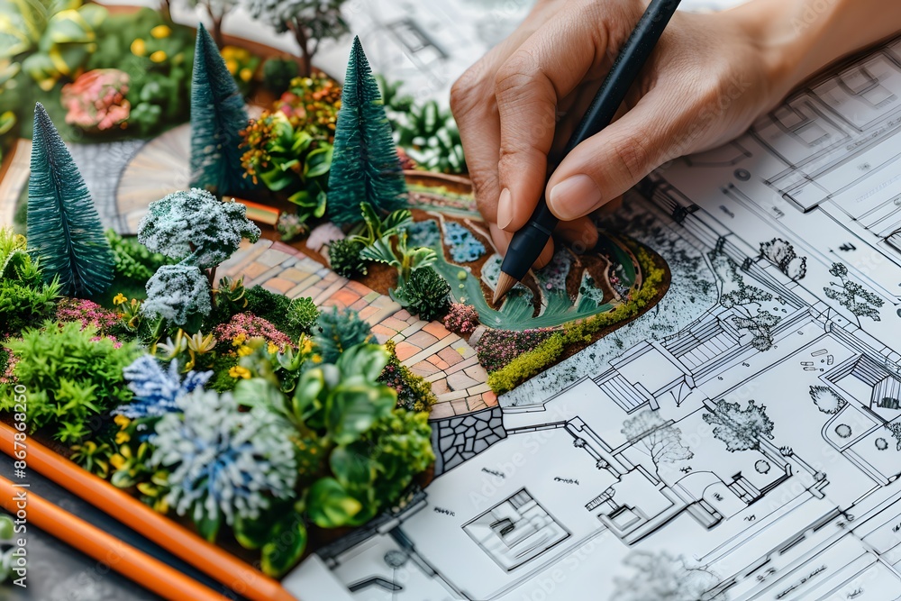 Poster detailed landscape design in progress with miniature model and blueprint