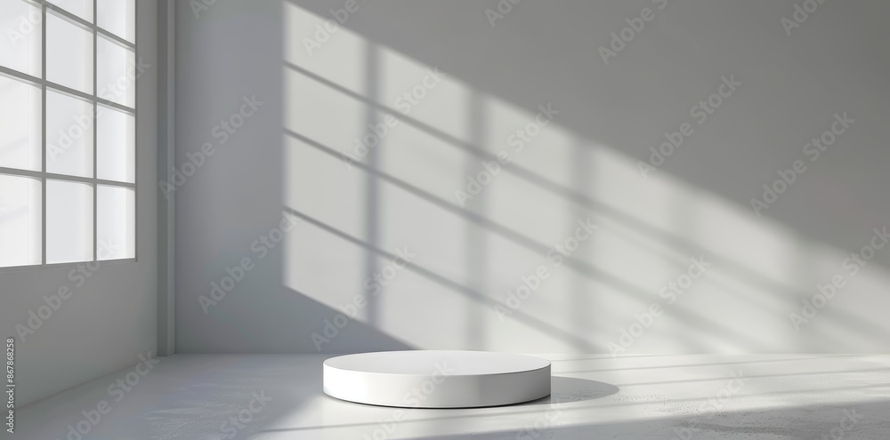 Poster sunlit white room with minimalist design, an empty podium casts shadow patterns for an artistic and 