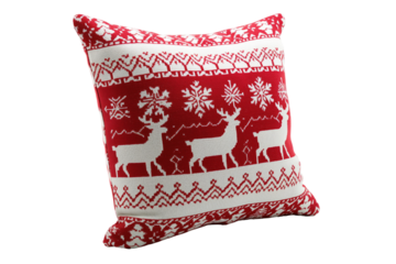 Red Christmas pillow with reindeer and snowflakes