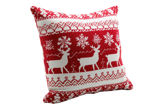 Red Christmas pillow with reindeer and snowflakes